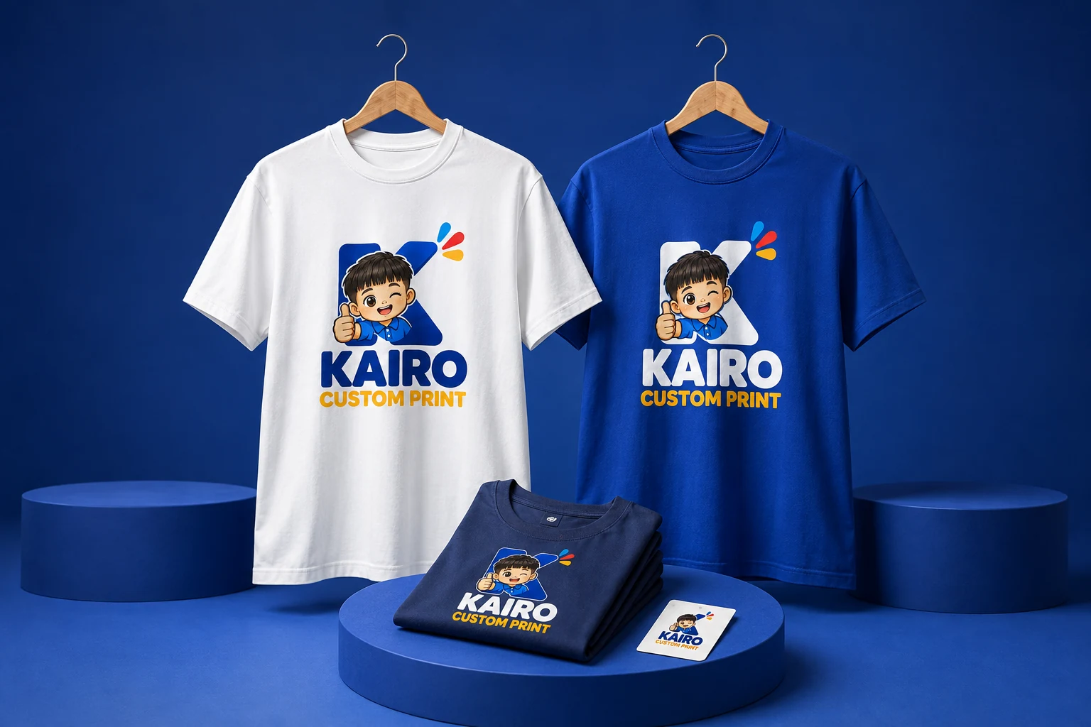 Kaos custom KAIRO putih dan royal blue